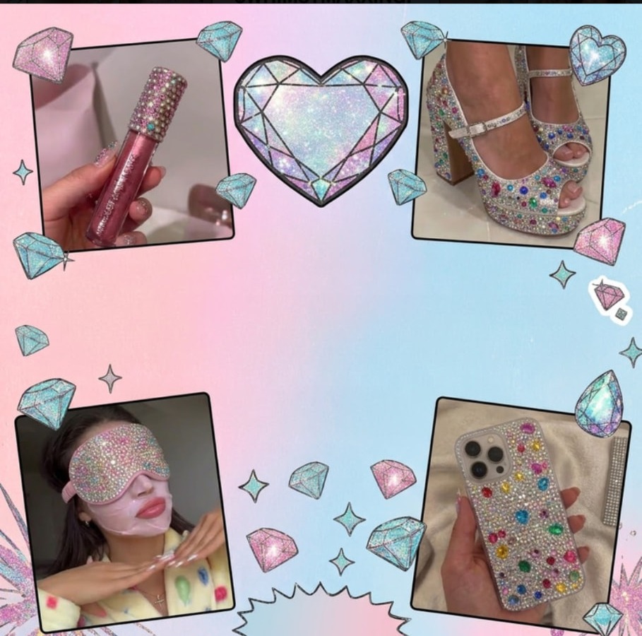 Whimsymaxxing collage of rhinestone lip gloss, heels, sheet mask and phone case