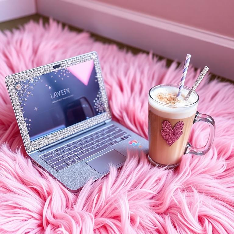 Bedazzled laptop and glitter latte on pink rug