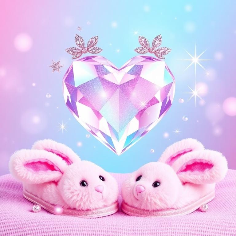 Crystal heart with fluffy bunny slippers