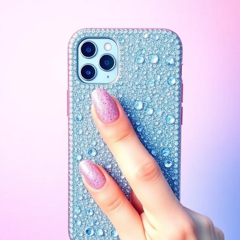Rhinestone phone case held with glitter nails